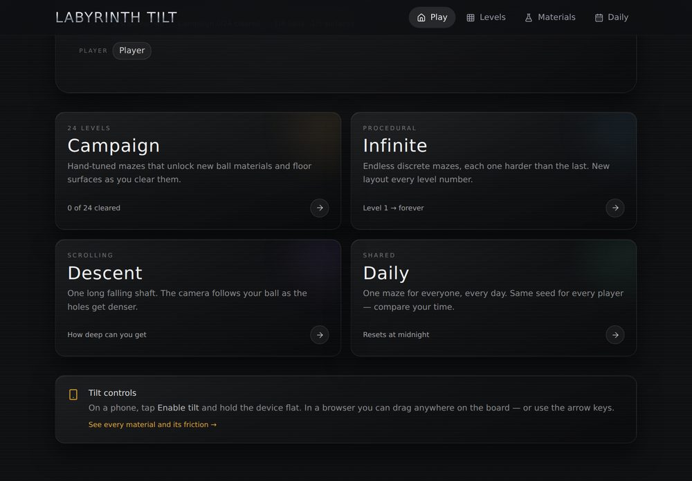 Labyrinth Tilt's menu: four ways to play, Campaign, Infinite, Descent and Daily, above a note on tilt controls.
