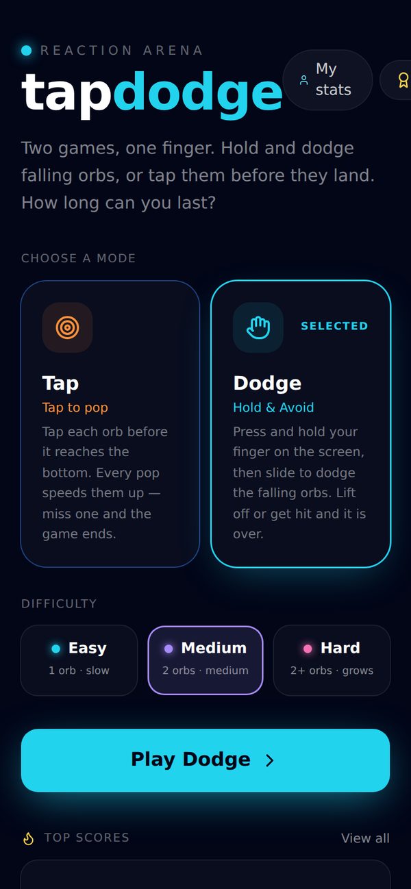 tapdodge's opening screen on a phone: the title, a choice between Tap and Dodge modes, three difficulty levels and a Play button.