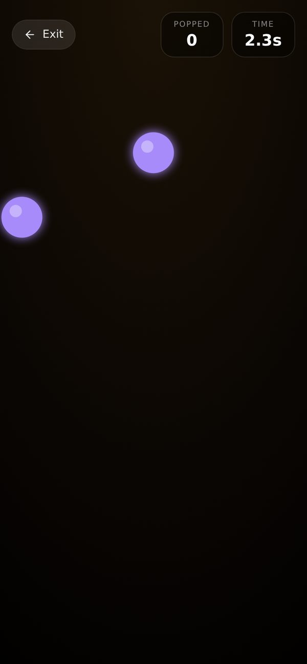 A Tap game two seconds in: two purple orbs falling on a dark background, with the popped count and the timer at the top.