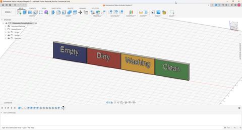 Version 7 in Fusion 360: a flat bar of four coloured panels, blue, red, yellow and green, with the raised words Empty, Dirty, Washing and Clean.