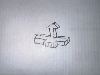 A pencil sketch on paper of the arrow standing up out of a hollow box, with a knurled slider sticking out the front.