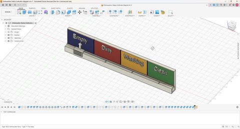 The final design, version 9, in Fusion: the four labelled panels above the box, the arrow pointing up at Empty from a slider that runs over the top of the box, and an end cap at the left.