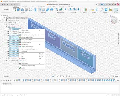 Fusion’s list of bodies, with the panel bodies selected and a right-click menu open over the model.