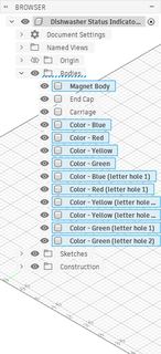 Fusion’s list of bodies: magnet body, end cap, carriage, one body per colour, and separate bodies for the letter holes.