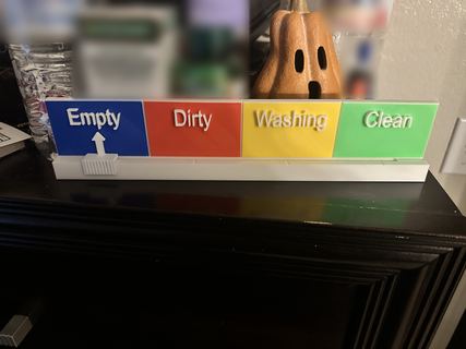The printed magnet standing on a dresser, the arrow under Empty. The items behind it are blurred.